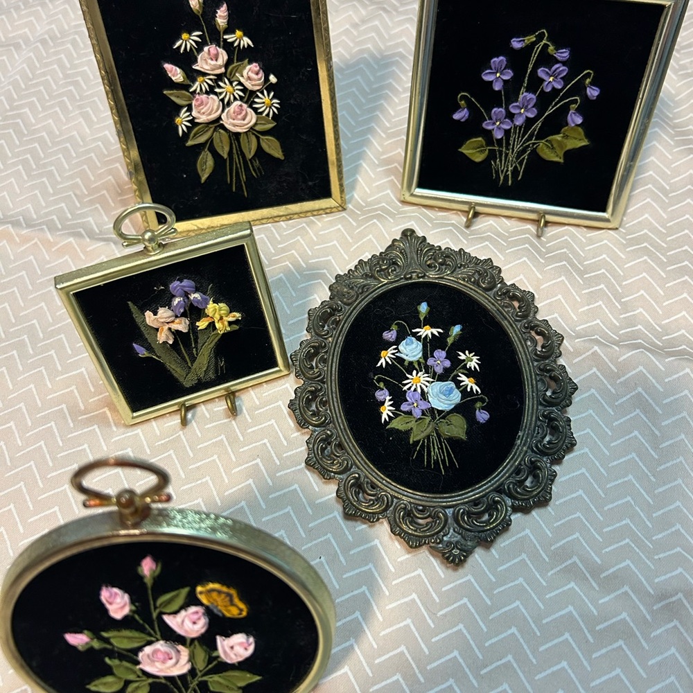 five miniature hand painted flowers on black velvet - signed Marzetta Madge